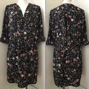 [Joe Fresh] Black Floral V Neck Long Sleeved Dress | L | Good